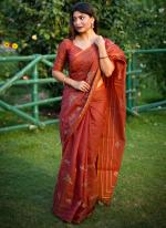 Tussar Silk Orange Daily Wear Thread Work Saree